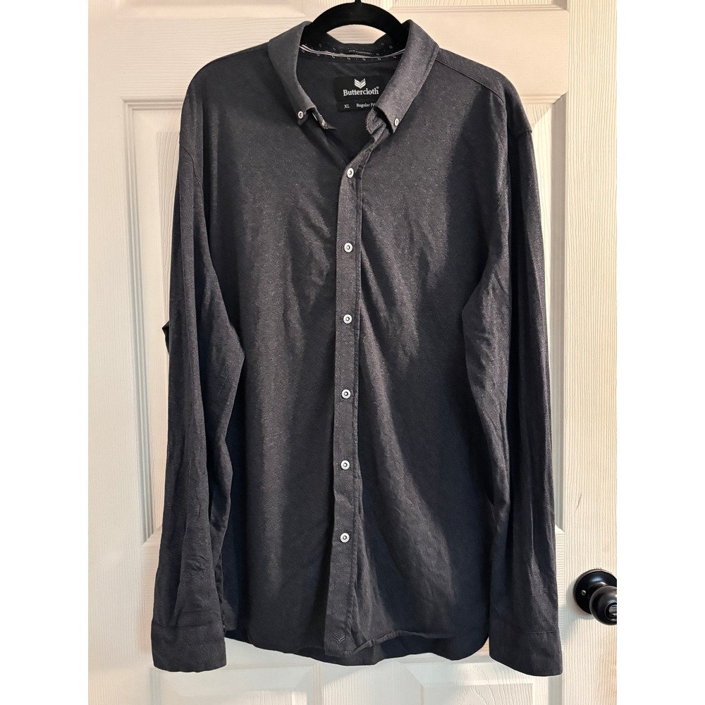 Buttercloth Mens XL Regular Fit Long Sleeve Button Down Shirt Charcoal Gray Knit